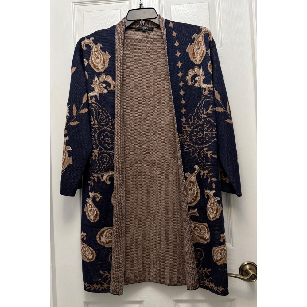 Badgley Mischka Cardigan Women Large Navy Blue Paisley Wool Blend Open Front